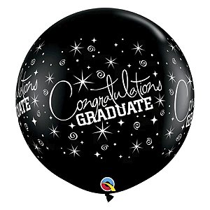 Balão de Festa Látex Liso Decorado - Congratulations Graduate Preto - 3' 90cm - 2 unidades - Qualatex Outlet - Rizzo