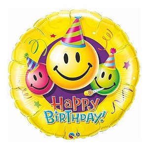Balão de Festa Microfoil 36" 91cm - Redondo Birthday! Carinhas Sorrindo - 1 unidade - Qualatex Outlet - Rizzo