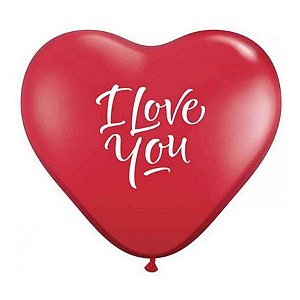 Balão de Festa Látex Liso Decorado - Coração I Love You Vermelho - 3' 90cm - 2 unidades - Qualatex Outlet - Rizzo