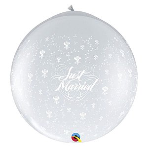 Balão de Festa Látex Liso Decorado - Flores Just Married Transparente - 3' 90cm - 2 unidades - Qualatex Outlet - Rizzo