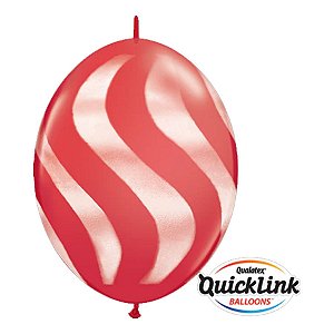 Balão de Festa Látex Liso Q-Link - Vermelho Listras Onduladas Brancas - 12" 30cm - 50 unidades - Qualatex Outlet - Rizzo
