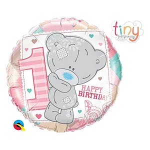 Balão de Festa Microfoil 18" 45cm - Redondo Ursa 1° Happy Birthday Rosa - 1 unidade - Qualatex Outlet - Rizzo