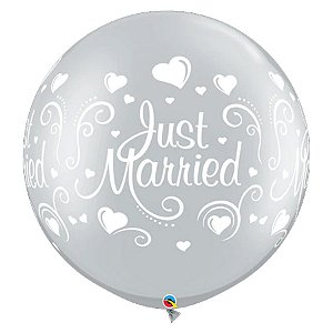 Balão de Festa Látex Liso Decorado - Just Married Prata - 30" 76cm - 2 unidades - Qualatex Outlet - Rizzo