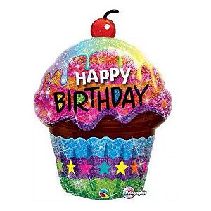 Balão de Festa Microfoil 35" 89cm - Cupcake Happy Birthday Maravilhoso - 1 unidade - Qualatex Outlet - Rizzo