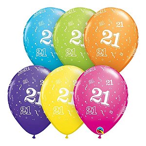 Balão de Festa Látex Liso Decorado - Número 21 Sortido - 11" 27cm - 50 unidades - Qualatex Outlet - Rizzo