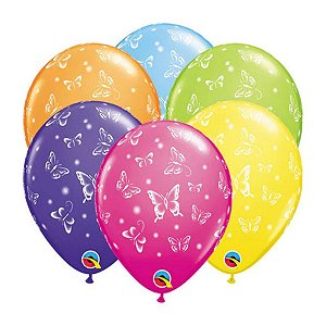 Balão de Festa Látex Liso Decorado - Borboleta Sortido - 11" 27cm - 50 unidades - Qualatex Outlet - Rizzo