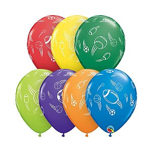 Balão de Festa Látex Liso Decorado - Esferas de Esporte Sortido I - 11" 27cm - 50 unidades - Qualatex Outlet - Rizzo
