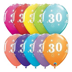 Balão de Festa Látex Liso Decorado - Número 30 Sortido - 11" 27cm - 6 unidades - Qualatex Outlet - Rizzo