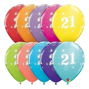 Balão de Festa Látex Liso Decorado - Número 21 Sortido - 11" 27cm - 6 unidades - Qualatex Outlet - Rizzo