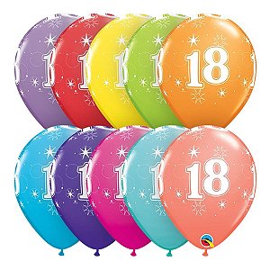 Balão de Festa Látex Liso Decorado - Número 18 Sortido - 11" 27cm - 6 unidades - Qualatex Outlet - Rizzo