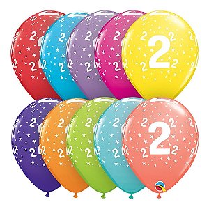 Balão de Festa Látex Liso Decorado - Número 2 Estrelas Sortido - 11" 27cm - 6 unidades - Qualatex Outlet - Rizzo