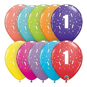 Balão de Festa Látex Liso Decorado - Número 1 Estrelas Sortido - 11" 27cm - 6 unidades - Qualatex Outlet - Rizzo