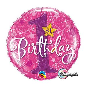 Balão de Festa Microfoil 18" 45cm - Redondo Hol. 1st Birthday Rosa - 1 unidade - Qualatex Outlet - Rizzo