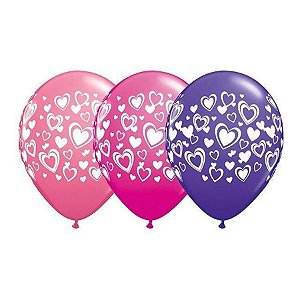 Balão de Festa Látex Liso Decorado - Corações Duplo Sortido - 11" 27cm - 50 unidades - Qualatex Outlet - Rizzo