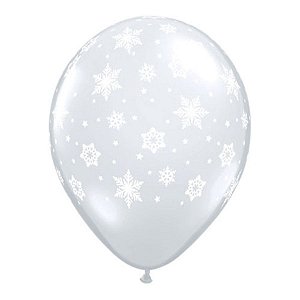 Balão de Festa Látex Liso Decorado - Flocos de Neve Transparente - 16" 40cm - 50 unidades - Qualatex Outlet - Rizzo