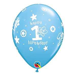 Balão de Festa Látex Liso Decorado - Happy 1st Birthday Azul Claro - 11" 27cm - 50 unidades - Qualatex Outlet - Rizzo