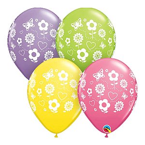 Balão de Festa Látex Liso Decorado - Flores Sortidos - 11" 27cm - 50 unidades - Qualatex Outlet - Rizzo
