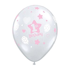 Balão de Festa Látex Liso Decorado - 1st Birthday Rosa - 11" 27cm - 50 unidades - Qualatex Outlet - Rizzo