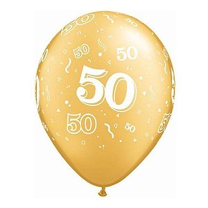 Balão de Festa Látex Liso Decorado - Número 50 Ouro - 11" 27cm - 50 unidades - Qualatex Outlet - Rizzo