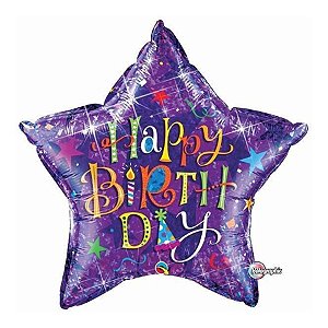 Balão de Festa Microfoil 36" 91cm - Estrela Holográfica Happy Birthday Roxo - 1 unidade - Qualatex Outlet - Rizzo