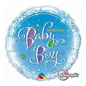 Balão de Festa Microfoil 18" 45cm - Redondo Welcome Baby Boy Azul - 1 unidade - Qualatex Outlet - Rizzo