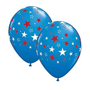 Balão de Festa Látex Liso Decorado - Azul com Estrela Branco/Vermelho - 11" 27cm - 50 unidades - Qualatex Outlet - Rizzo