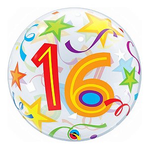 Balão de Festa Bubble 22" 55cm - Número 16 Estrela - 1 unidade - Qualatex Outlet - Rizzo