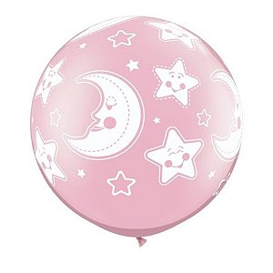 Balão de Festa Látex Liso Decorado - Lua e Estrela Rosa - 30" 76cm - 2 unidades - Qualatex Outlet - Rizzo