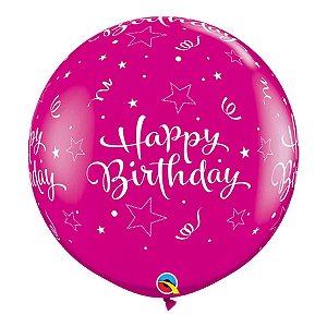Balão de Festa Látex Liso Decorado - Happy Birthday Cereja - 3' 90cm - 2 unidades - Qualatex Outlet - Rizzo