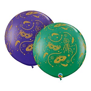 Balão de Festa Látex Liso Decorado - Carnaval Roxo e Esmeralda - 3' 90cm - 2 unidades - Qualatex Outlet - Rizzo