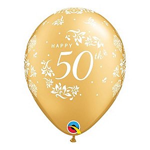 Balão de Festa Látex Liso Decorado - Happy 50th! Damasco Ouro - 11" 27cm - 50 unidades - Qualatex Outlet - Rizzo