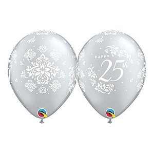 Balão de Festa Látex Liso Decorado - Happy 25th! Damasco Prata - 11" 27cm - 50 unidades - Qualatex Outlet - Rizzo