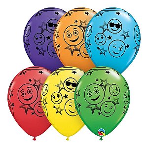 Balão de Festa Látex Liso Decorado - Carinhas Sorridentes Sortidos - 11" 27cm - 50 unidades - Qualatex Outlet - Rizzo