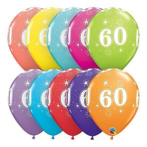 Balão de Festa Látex Liso Decorado - Número 60 Sortidos - 11" 27cm - 6 unidades - Qualatex Outlet - Rizzo