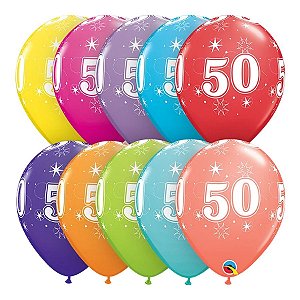 Balão de Festa Látex Liso Decorado - Número 50 Sortidos - 11" 27cm - 6 unidades - Qualatex Outlet - Rizzo