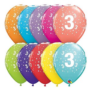 Balão de Festa Látex Liso Decorado - Número 3 Estrela Sortidos - 11" 27cm - 6 unidades - Qualatex Outlet - Rizzo
