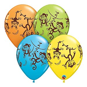 Balão de Festa Látex Liso Decorado - Macacos Sapecas Sortidos - 11" 27cm - 50 unidades - Qualatex Outlet - Rizzo