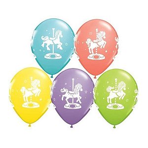 Balão de Festa Látex Liso Decorado - Cavalos Carrossel Sortidos - 11" 27cm - 50 unidades - Qualatex Outlet - Rizzo