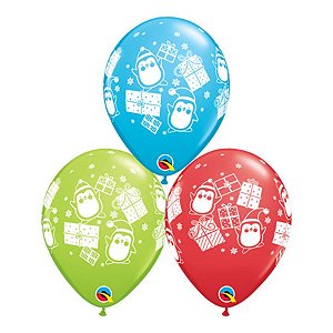 Balão de Festa Látex Liso Decorado - Pinguim e Presente Sortidos - 11" 27cm - 50 unidades - Qualatex Outlet - Rizzo
