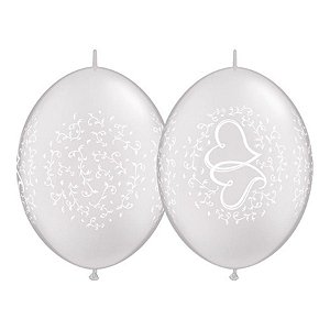 Balão de Festa Látex Liso Q-Link - Corações Entrelaçados Branco - 12" 30cm - 50 unidades - Qualatex Outlet - Rizzo
