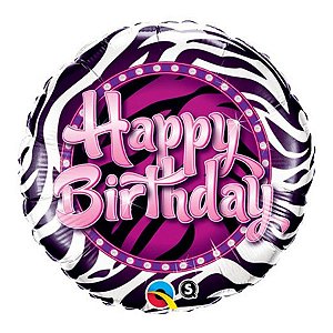 Balão de Festa Microfoil 9" 22cm - Redondo Happy Birthday! Zebra - 1 unidade - Qualatex Outlet - Rizzo
