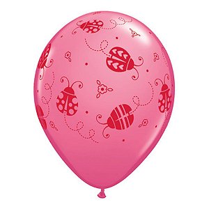 Balão de Festa Látex Liso Decorado - Joaninhas Branco/Rosa - 11" 27cm - 50 unidades - Qualatex Outlet - Rizzo