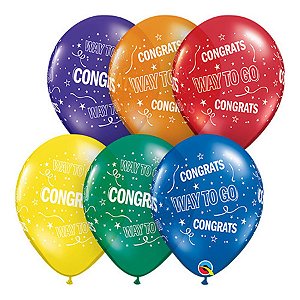 Balão de Festa Látex Liso Decorado - Way To Go Congrats! Sortidos - 11" 27cm - 50 unidades - Qualatex Outlet - Rizzo