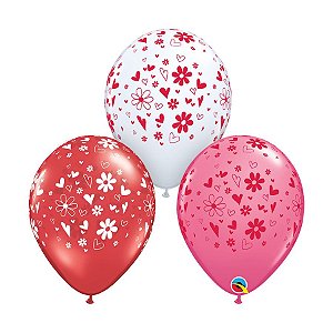 Balão de Festa Látex Liso Decorado - Corações e Margaridas Sortido - 11" 27cm - 50 unidades - Qualatex Outlet - Rizzo