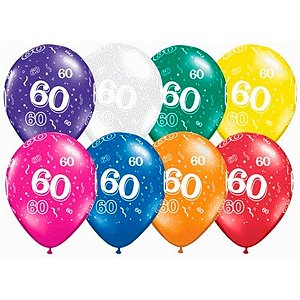 Balão de Festa Látex Liso Decorado - Número 60 Sortidos - 11" 27cm - 50 unidades - Qualatex Outlet - Rizzo
