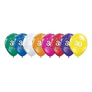 Balão de Festa Látex Liso Decorado - Número 30 Sortidos - 11" 27cm - 50 unidades - Qualatex Outlet - Rizzo