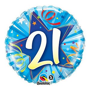 Balão de Festa Microfoil 18" 45cm - Redondo Número 21 Estrela Azul - 1 unidade - Qualatex Outlet - Rizzo