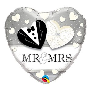 Balão de Festa Microfoil 18" 45cm - Coração Mr. & Mrs. Casamento - 1 unidade - Qualatex Outlet - Rizzo