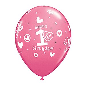 Balão de Festa Látex Liso Decorado - Happy 1st Birthday! Rosa - 11" 27cm - 6 unidades - Qualatex Outlet - Rizzo
