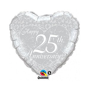 Balão de Festa Microfoil 18" 45cm - Coração Happy 25th Anniversary - 1 unidade - Qualatex Outlet - Rizzo